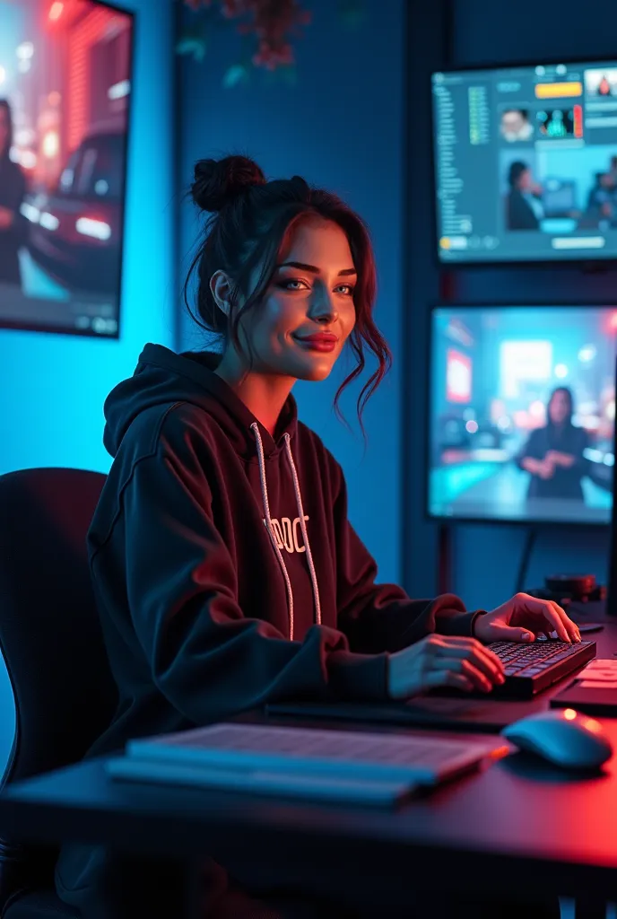 A highly realistic female influencer sitting at her desk, facing the camera with an engaging expression. She is in a modern, high-tech room illuminated by neon blue and red lighting, creating a cyberpunk-inspired nighttime atmosphere. She wears casual yet ...