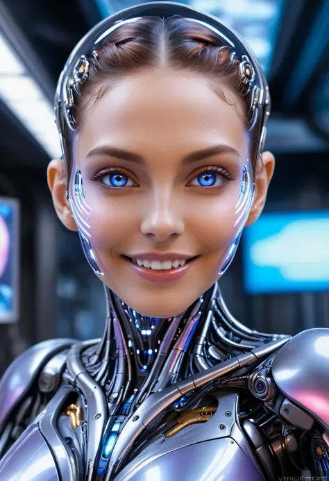 score_9,score_8_ up,score_7_ up, ultra detail, absolute resolution, 32K,Masterpiece, best quality , Super High Definition's beautiful face and eyes with attention to detail, beautiful cyborg, smile, medium breasts, focus on the face, watching viewers , per...