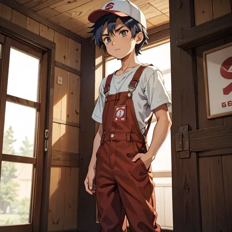 young boy Ash Ketchum can you believe I'm wearing Osh Kosh B' Gosh overalls? logo on front pocket cap shirtless undressing strap slip feet inside treehouse room