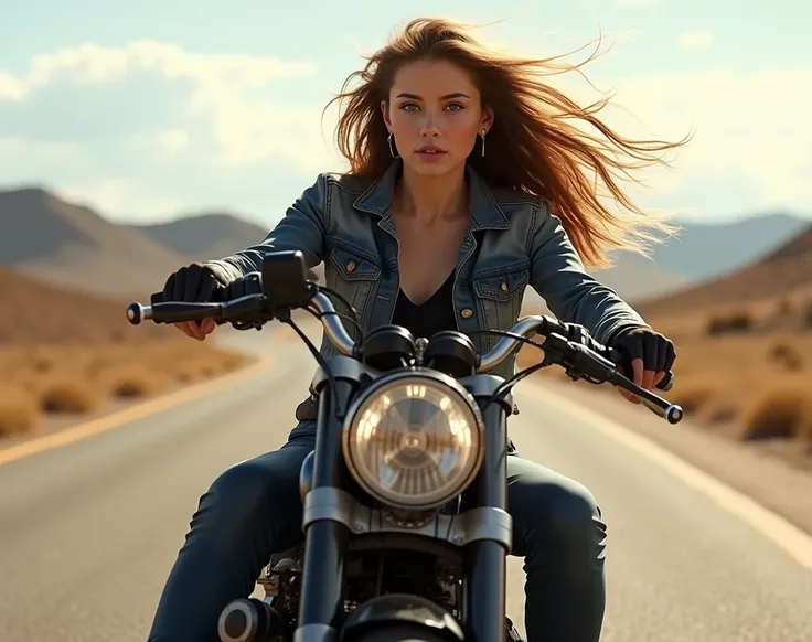 Girl on a motorcycle with developing hair.