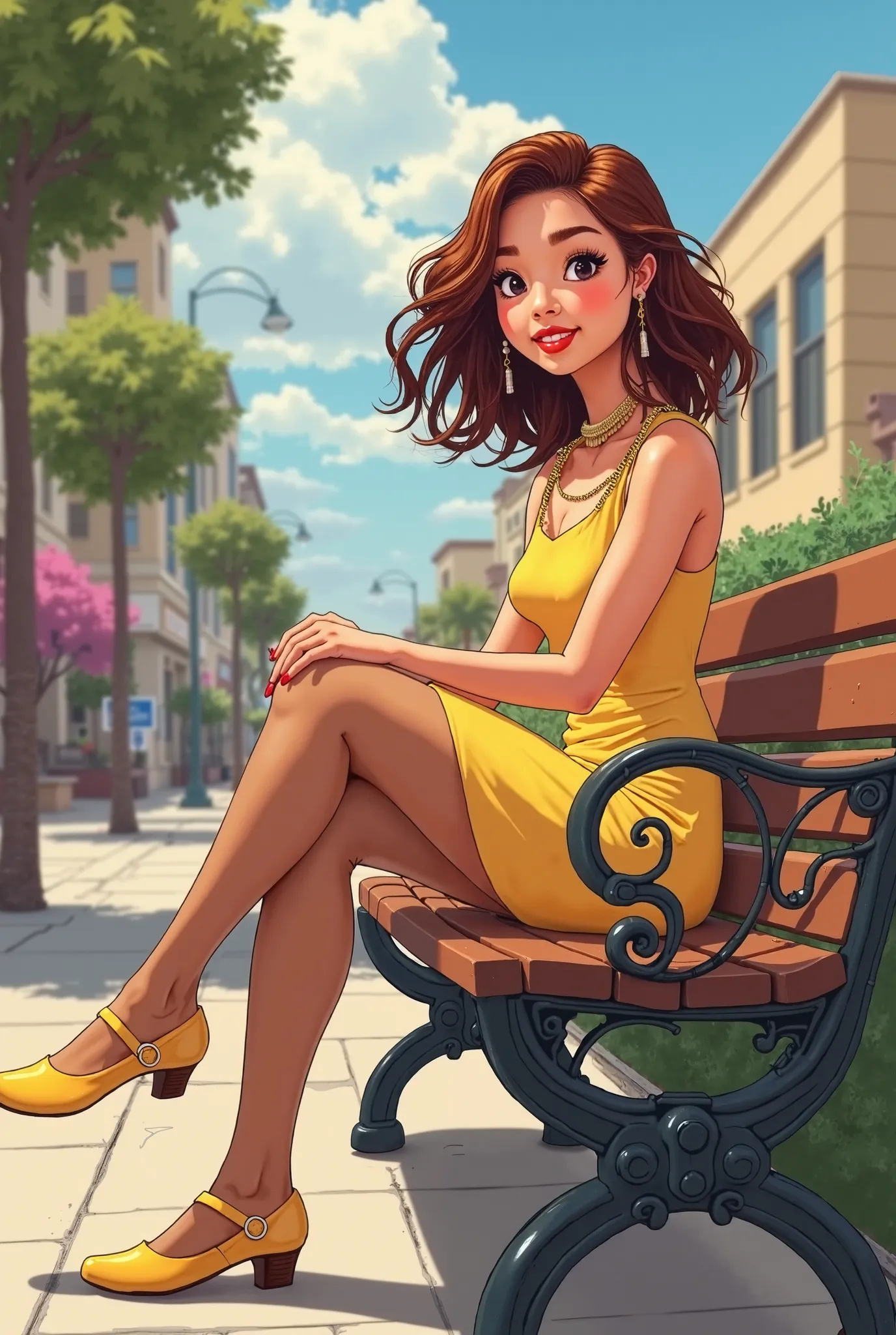 Tip: A very lovely  beautiful Asian American woman being happy alone on a bench in Downtown San Diego in the sun… The illustration is a high definition illustration with 4k resolution., with highly detailed facial features and cartoon style visuals, yellow...