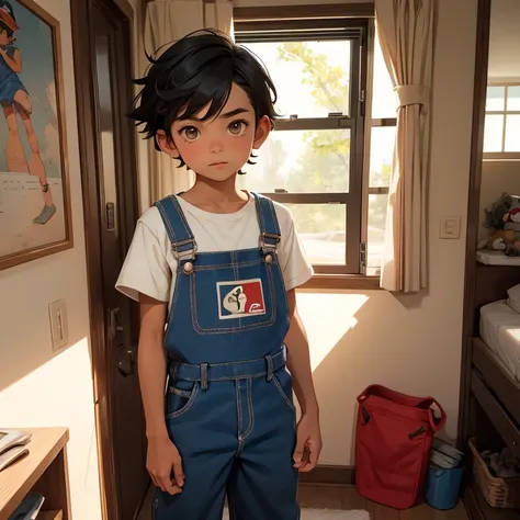 young boy Ash Ketchum can you believe I'm wearing Osh Kosh B' Gosh overalls? logo on front pocket cap shirtless undressing strap slip feet inside treehouse room