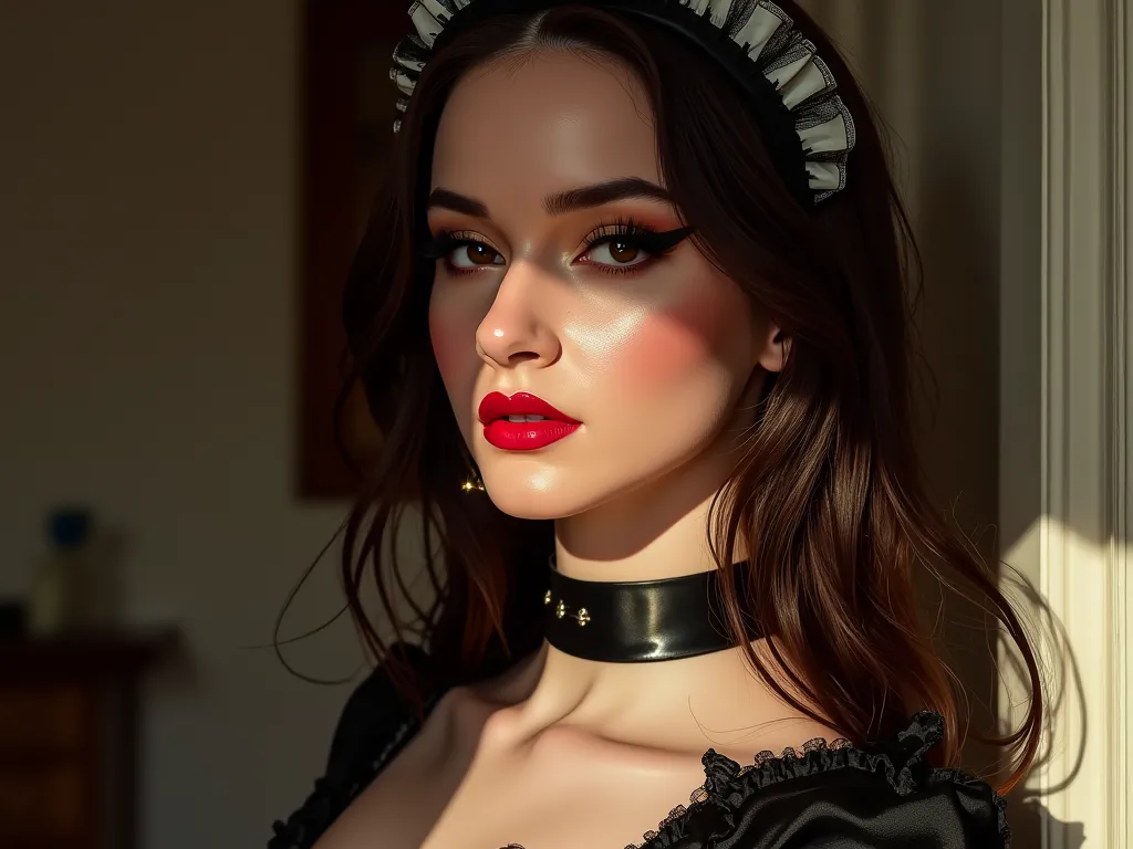 rubber fetish latex maid outfit, red lip gloss, eyeliner flicks, e girl makeup, shiny red lips, beautiful detailed eyes, beautiful detailed lips, extremely detailed eyes and face, long eyelashes, photorealistic, 8k, high quality, hyper realistic, digital p...