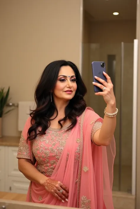 


 ((32K, top-quality:1.5, masterpiece, A high resolution, Photorealsitic)), A beautiful young Pakistan's,40 years old , bindi and light lips woman wearing pink bridal lehenga, henna (mehndi) in both hands
Taking selfie in front of mirror in toilet, black...