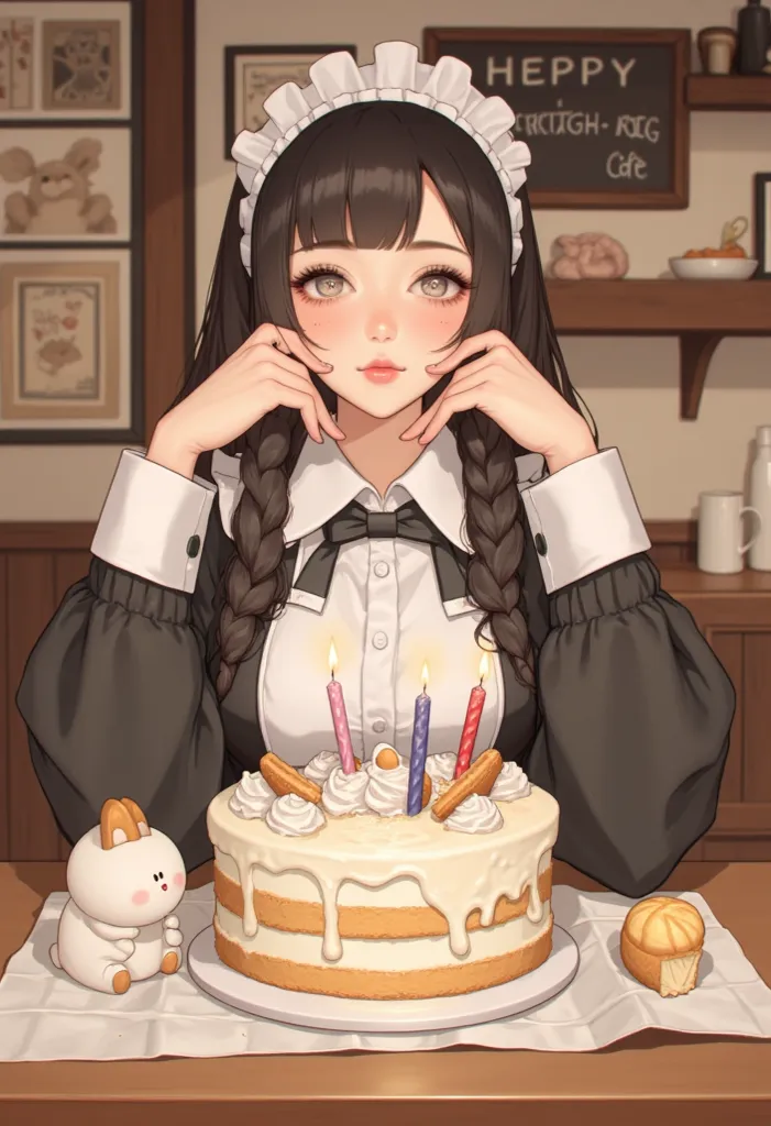 wearing cute maid cafe clothes、There is a cute rabbit with big white eyes　In front of a cute rabbit、there is a decorated cake about the same size as myself。There are 3 candles standing on the cake。 on room walls 、The characters for Happy BIRTHEDAY、 written...