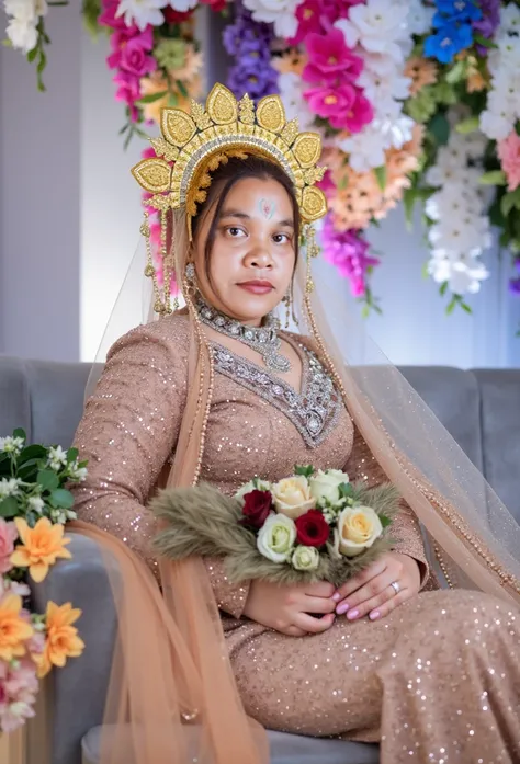 bride in a gold dress sitting on a couch with flowers, bride, wedding, photo taken with nikon d 7 5 0, photo taken with nikon d750, beautiful woman, wedding photography, taken with canon 5d mk4, shot on nikon z9, profesional photography, inspired by reyna ...