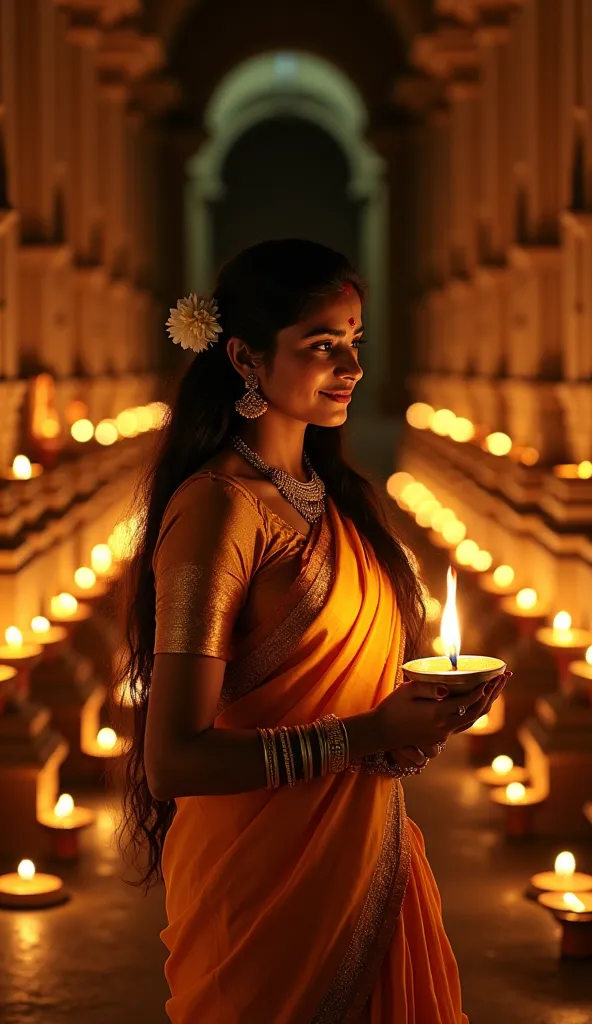 A beautiful woman stands gracefully in an ancient temple at night, holding a traditional brass lamp in her hands. She is dressed in an elegant Kasavu saree with golden borders, her long, dark hair adorned with jasmine flowers. Her eyes shine with devotion ...