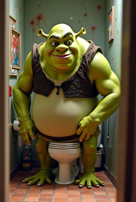 Make an image with Shrek shitting with a  in the bathroom