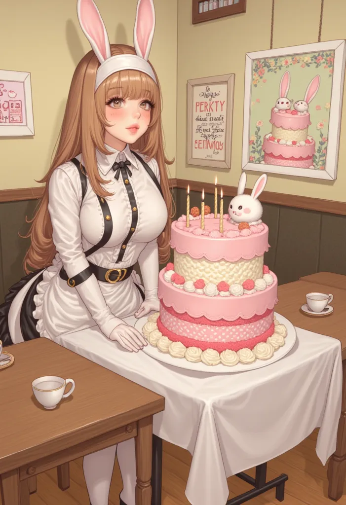 wearing cute maid cafe clothes、There is only 1 big white eyed rabbit。　In front of rabbits、There is a large two-tiered decorated cake。There are 3 candles standing on the cake。 on room walls 、There is a large two-tiered decorated cake with Happy BIRTHEDAY wr...