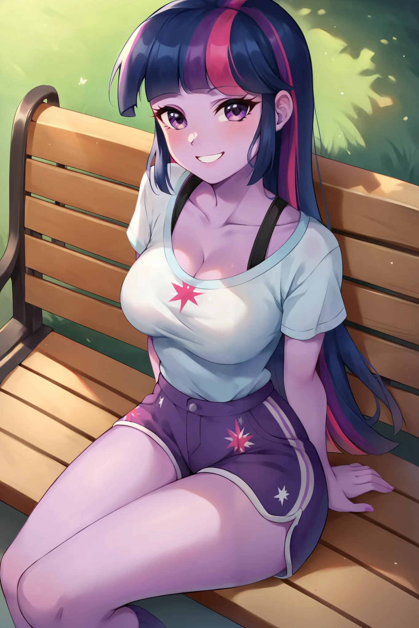 equestria girl. Hasbro.   Twilight Sparkle. normal breasts. Sexy shorts .  smile . On a park bench 