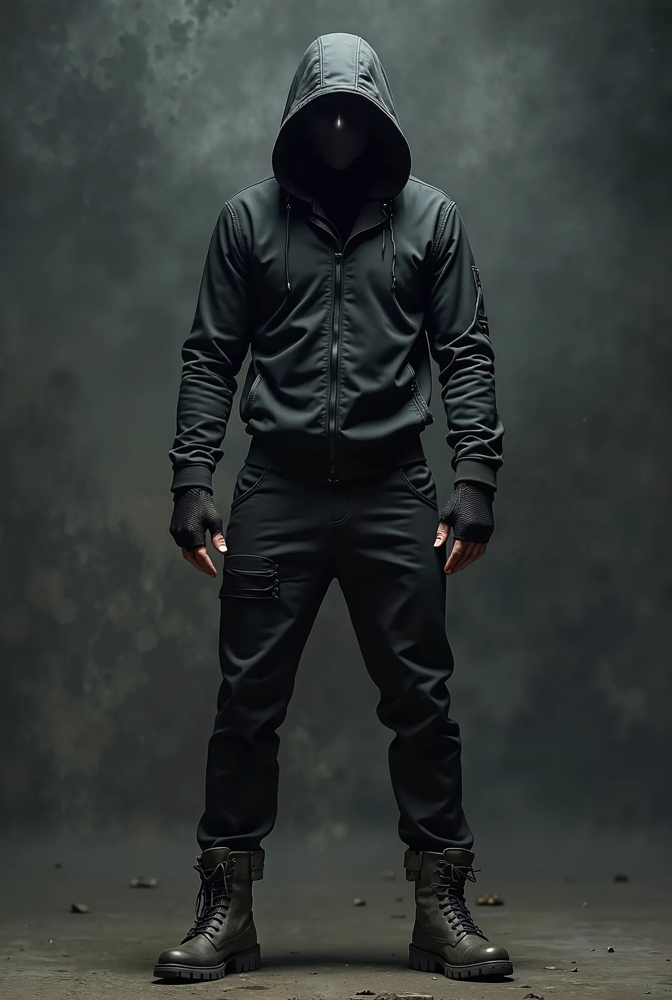 Террорист одет в jumpsuit with a hood, jeans, combat boots,  fingerless gloves,Black Metal Hero Mask, Masterpiece ,  in detail, 