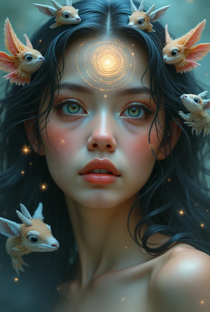 Beautiful woman with galaxy in her eyes and on her forehead with mystical animals around her