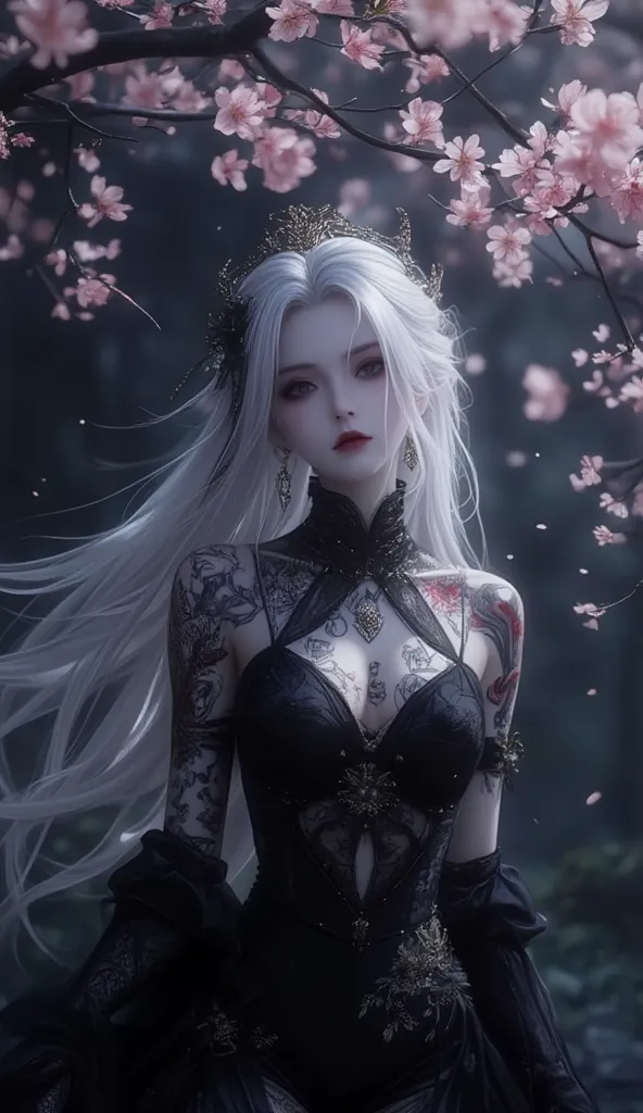 Beautiful Japanese Gothic woman, with very long white hair, wearing a formal dress with floral motifs, She has Yakuza tattoos all over her body. Dark cherry blossom background