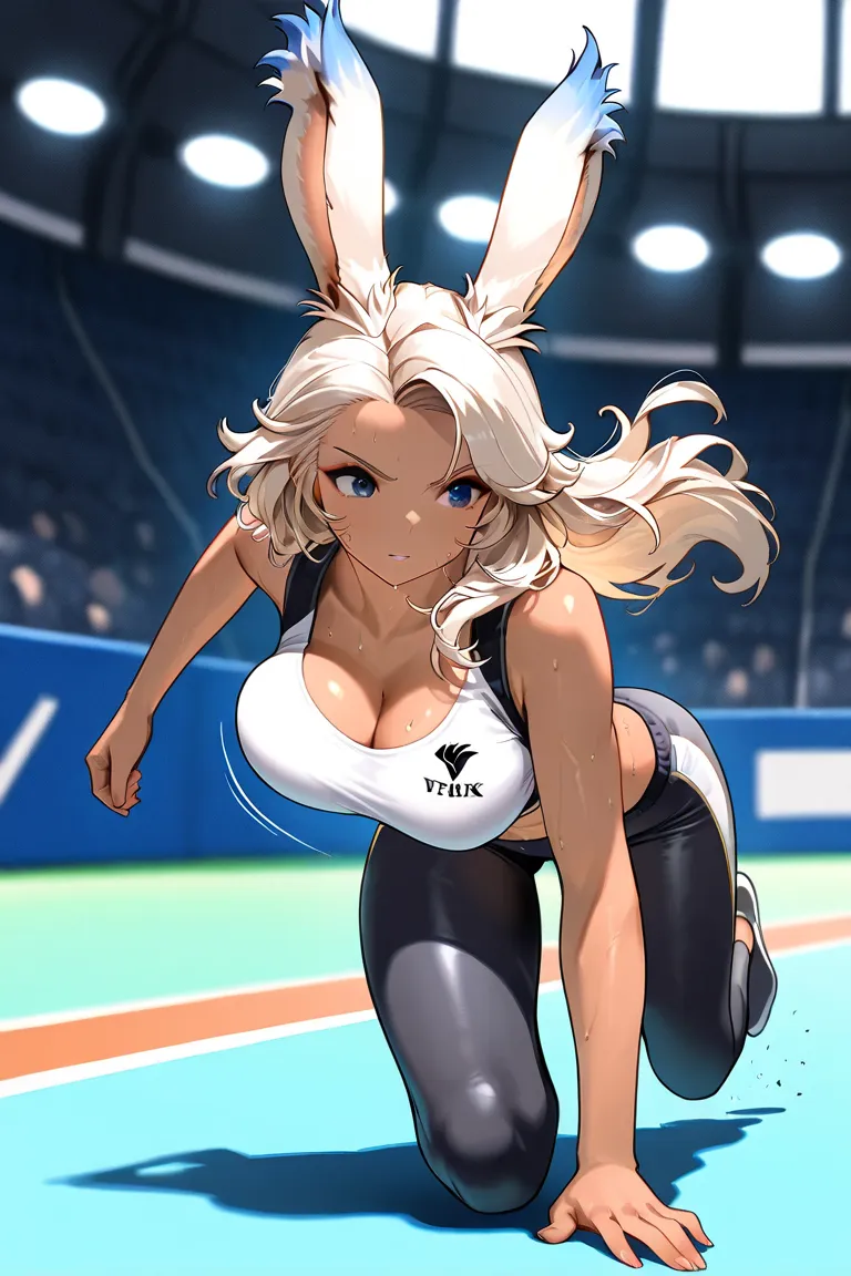 (((Masterpiece)))), ((((TOP QUALITY)))), (((1 girl))), high resolution, fine grain, detailed face, depiction of a face expressed in great detail, detailed eyes, detailed faces, hair drawn to the smallest detail, shiny skin, sweat, viera, athlete, tight uni...