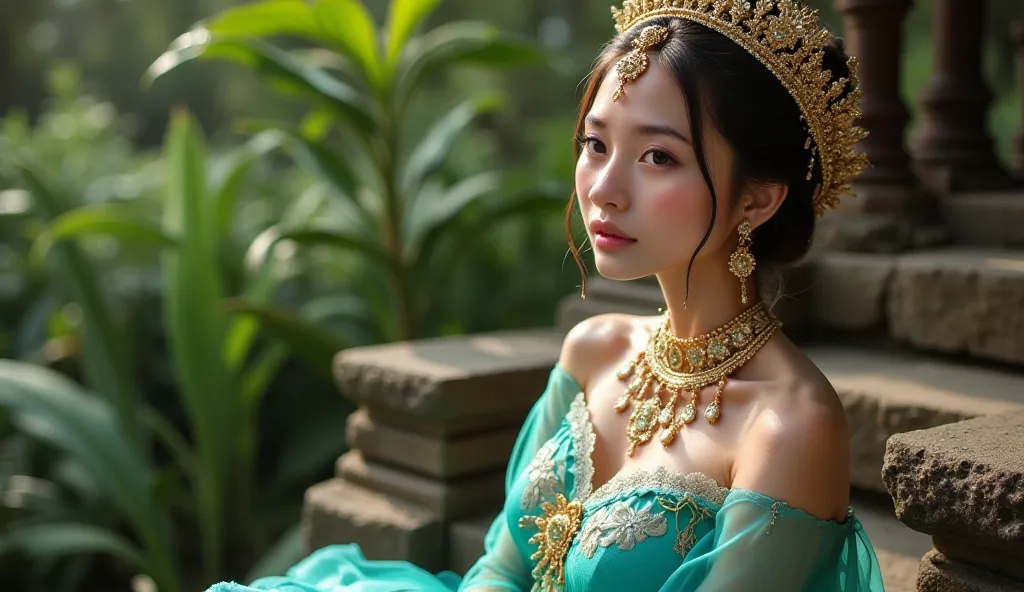 Full-body portrait of a beautiful Asian woman in traditional Balinese attire. She is wearing a golden crown and elaborate jewelry. The dress is turquoise with gold embroidery. She is seated on a stone structure, with a background of lush greenery. Cinemati...