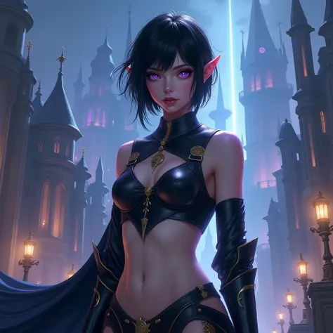 fantasy artwork, short black hair, chalk white skin, purple eyes, young half elf woman, leather armor with bare midriff, bare thighs, bare foot, fantasy city background at night
