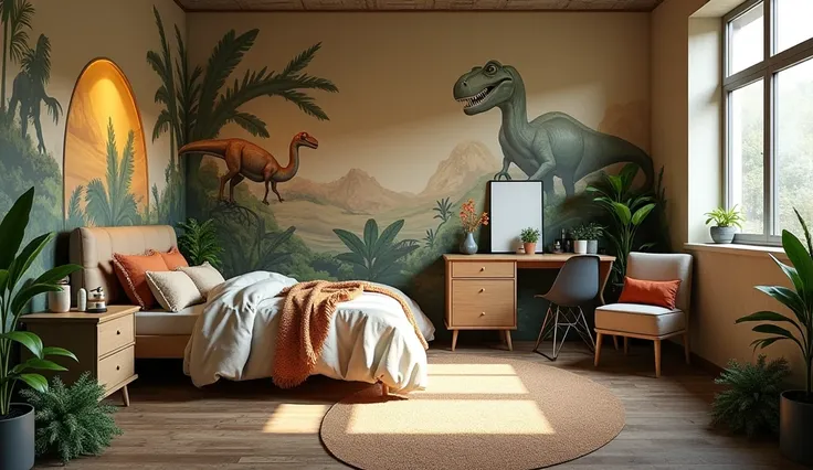 A ren's room with common proportions that has themed sculptures that are properly placed so as not to hinder the use of the room, She has to be realistic, There can't be objects that don't exist in real life and the room has to be themed with the dinosaur ...