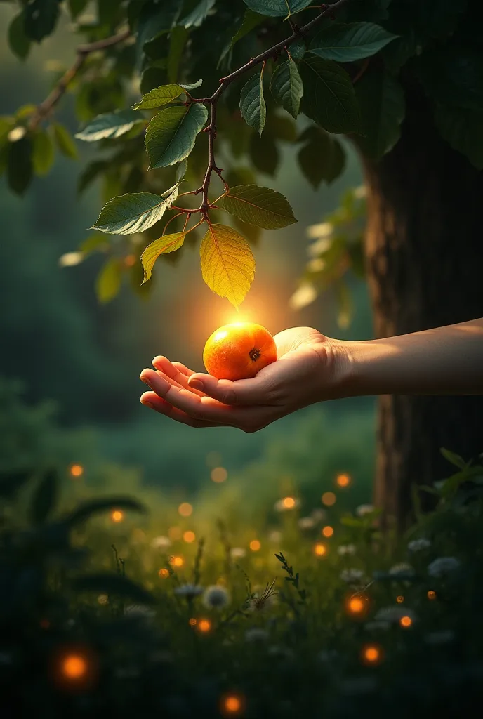  "An ultra realistic image in the pov style, capturing the vision of Adam looking at the tree of the knowledge of good and evil. Your hands are extended toward a forbidden fruit, shining under the soft light of the garden. The surrounding environment begin...