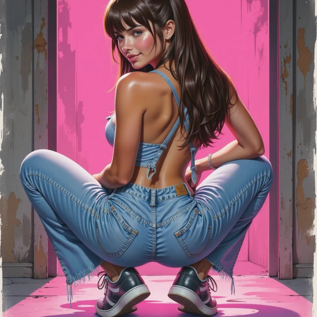 a seductive girl, smiling, Sensual, Dark Skin,  Hazelnut green eyes ,  brown hair, low ponytail, layer, Good Pink, sorts jeans, sturdy sneakers, crouched, spread his legs, wide hips, huge ass, neon lighting, neon graphite, colored graphite, , highlights, s...