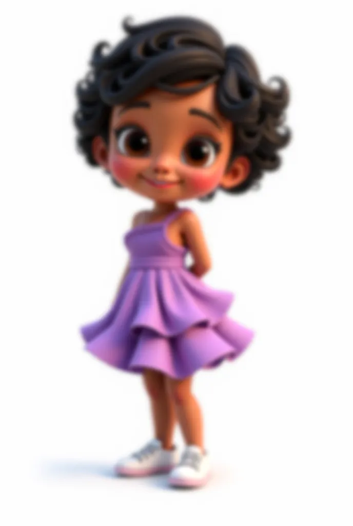 A Chubby Little Latin Girl with Brown Skin , cabelo preto  short e ondulado com um laço lilac . Big, shiny brown eyes. She's wearing a one-shoulder dress, short,  lilac, with several layers of flowing ruffles. She's wearing very white sneakers. white backg...