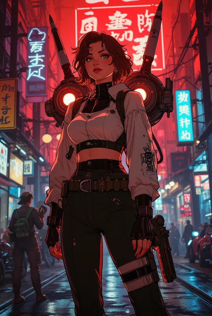 
1classic large mecha woman with final fantasy face with a sleek futuristic design with mecha rocket, plate launcher, mischievous pose. dominated by stylish red neon, high-collared crop white puffy jacket with patches kanji pattern. Tactical pants & boots....