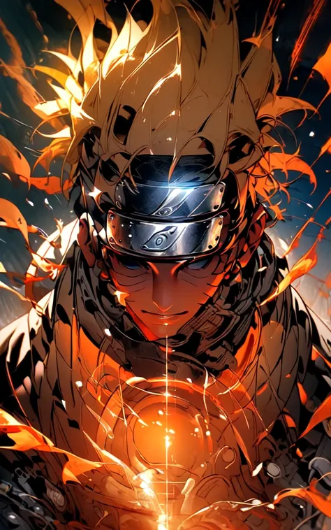 neon street lights, bright neon lights,Uzumaki Naruto from naruto manga wearing tangerine hanbok,intervene, Mechanical armor, mechanical arms,blue eyes, yellow hair 