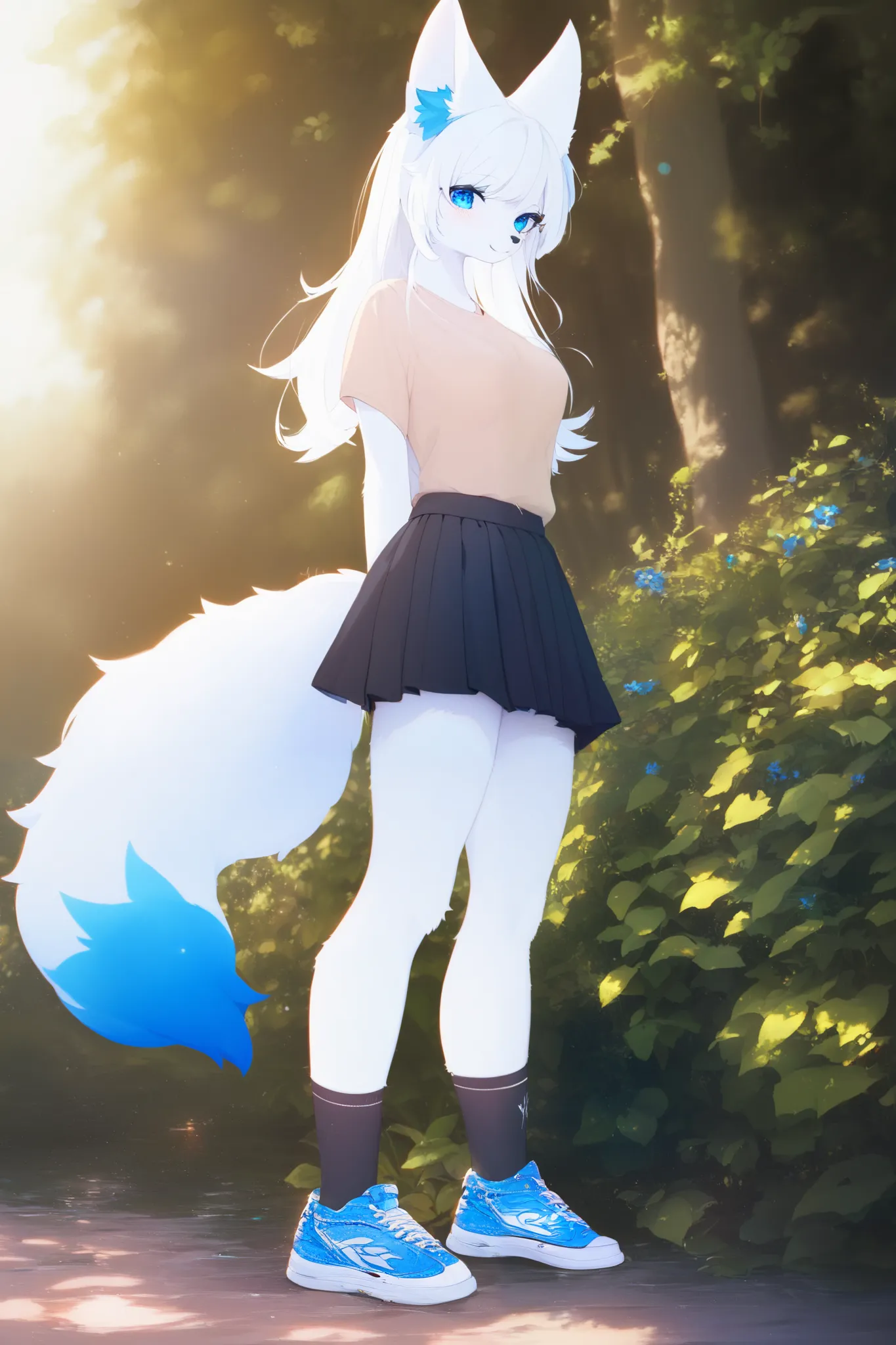 female kemono kitsune, white fur, blue markings, white hair, beige t-shirt, black skirt, black socks, blue sneakers, blue eyes