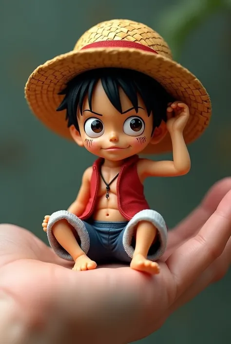 A biologically accurate, ultra-realistic humanoid figure, representing Monkey D. Luffy from One Piece, but in a hyper-detailed, photorealistic style. He is miniaturized to fit perfectly in the palm of a human hand, about half the size of an apple. His skin...