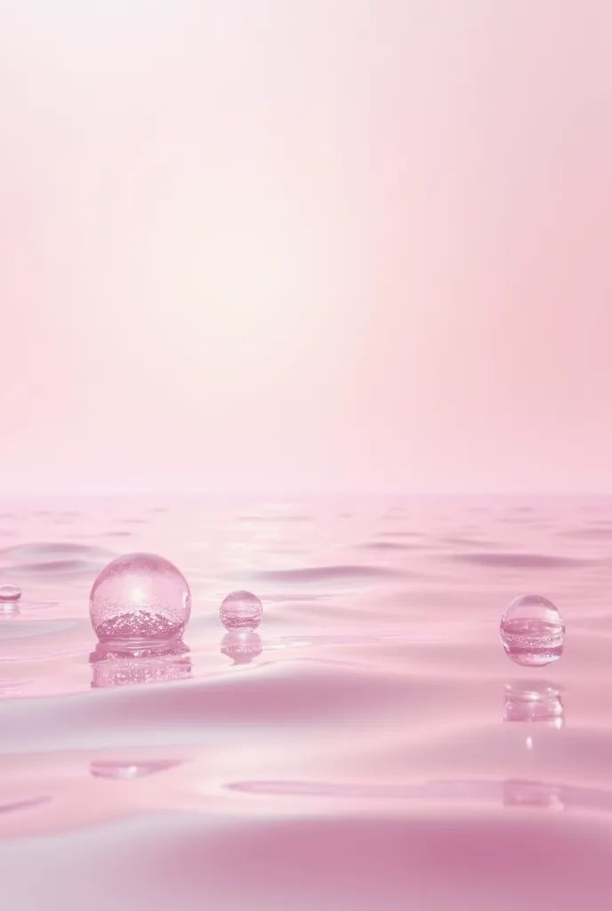 "Crystal water surface with soft reflections in pastel pink tones. The waves and reflections of light create an effect of transparency and depth, with subtle bubbles floating on the surface. The style is minimalist and elegant , evoking a sense of calm and...