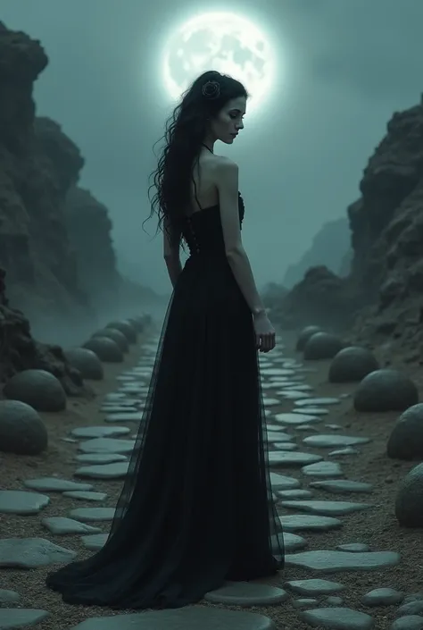 A woman with wavy black hair,  very white skin, all-black period dress, a black rose in her hair, standing, Barefoot at a rock crossroads amidst 7 earthen termites,  on a moonlit night 