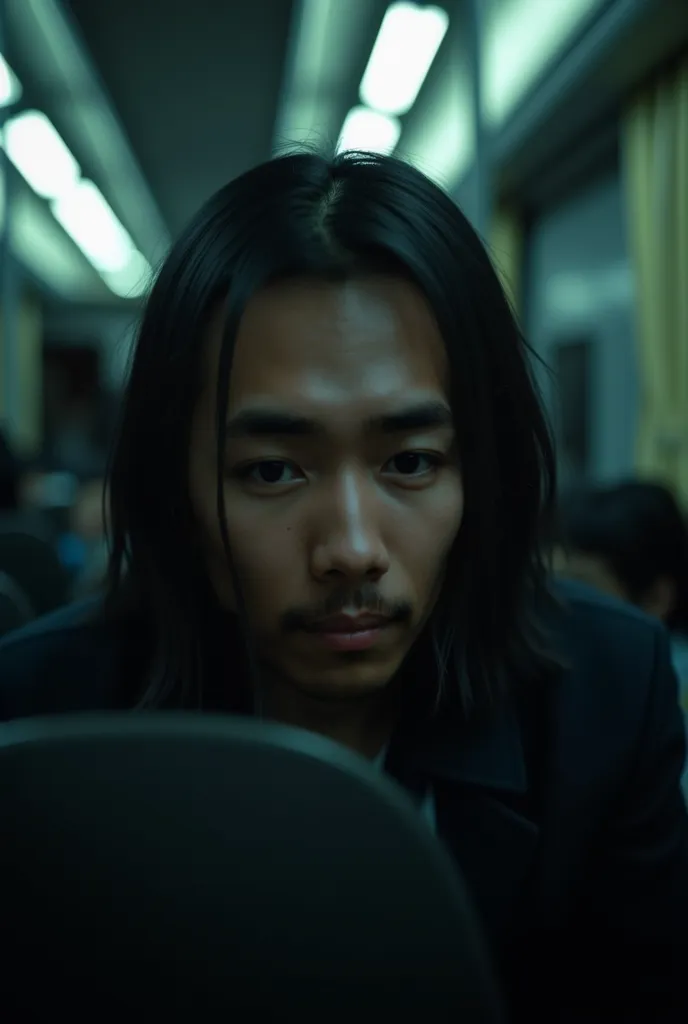 "A close-up of an eerie-looking passenger in an Indonesian commuter train. His face is pale, his pupils slightly dilated, and he stares directly at the protagonist with an unsettling intensity. The flickering dim light above casts eerie shadows on his expr...