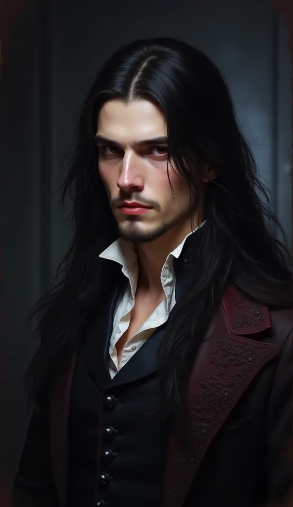 man, boy, Young, without a beard, vampiro, old portrait, vivid colors, therefore,  White , red, long hair, pale, olhos reds,  dark,  colored coat, HD, old portrait, old painting,  Dark background, Classic dark room.