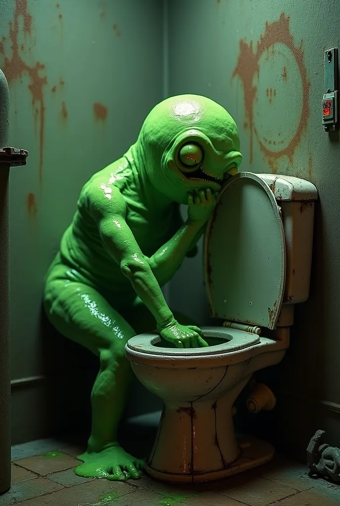 runs away from the mountain High quality,  8K Ultra HD, image of Slimer from "Ghostbusters", kissing a toilet, designed in the style of the game Doom. Slime - a green ghost, known for its gluttony and slime, left behind when passing through objects. The sc...