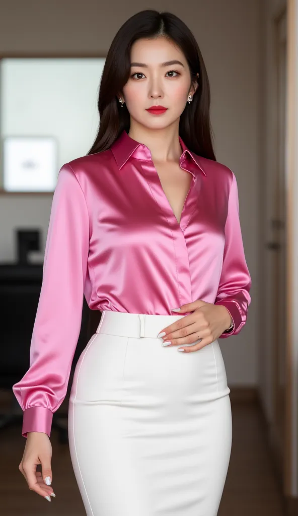 an office lady, standing in office, use a casual shirt in pink satin material elongated out, use a long skirt to the knee of satin material of white color, big boobs, red lips, long hair,  slim waist,