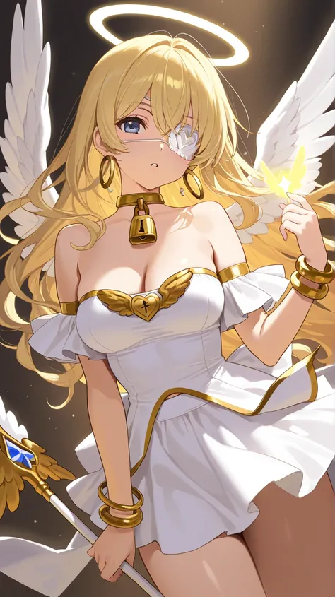 A cupid girl, holding her magic bow and arrow at you. Shiny blonde hair, white eye patch, halo, white wings, white skirt and top, gold hoop earrings, gold bracelets, padlock choker around her neck, a passionate look.