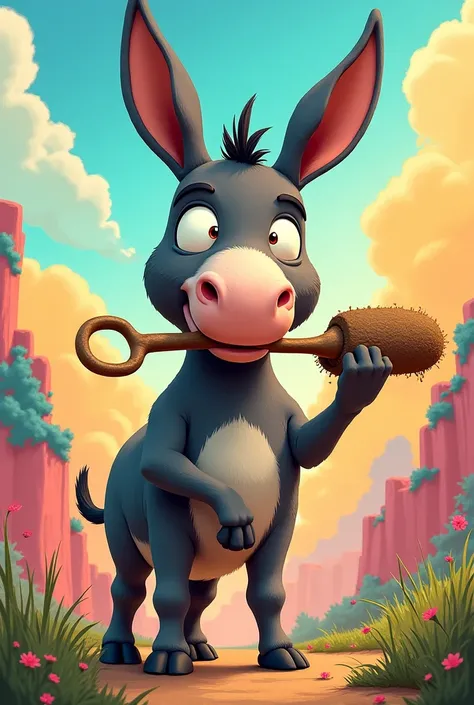 Donkey with a shovel in his teeth, anime style