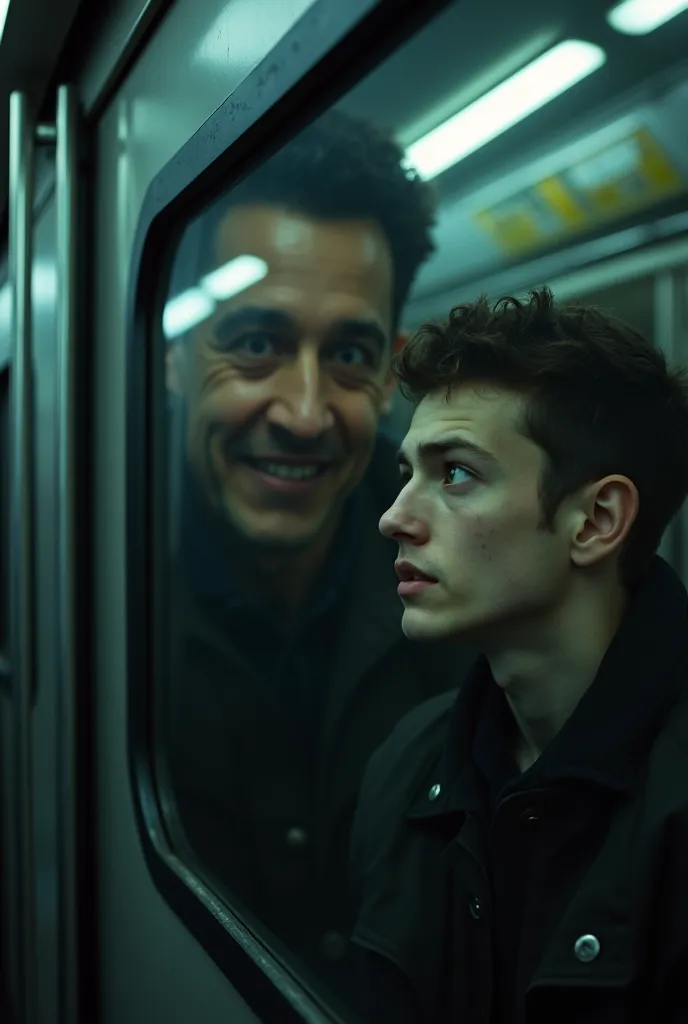 "Close-up of the subway window, where the face of the mysterious man. Its reflection is distorted, with sunken eyes and crooked mouth, smiling unnaturally. The young man in the foreground looks with horror, with a pale face. The train is claustrophobic, is...