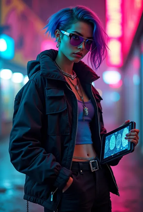 “Stylized portrait of a unique job girl, with short and asymmetric hair dyed electric blue and thick purple, wearing armored glasses and sophisticated streetwear clothing. She wears an oversized black leather jacket with neon details, cargo pants with chai...