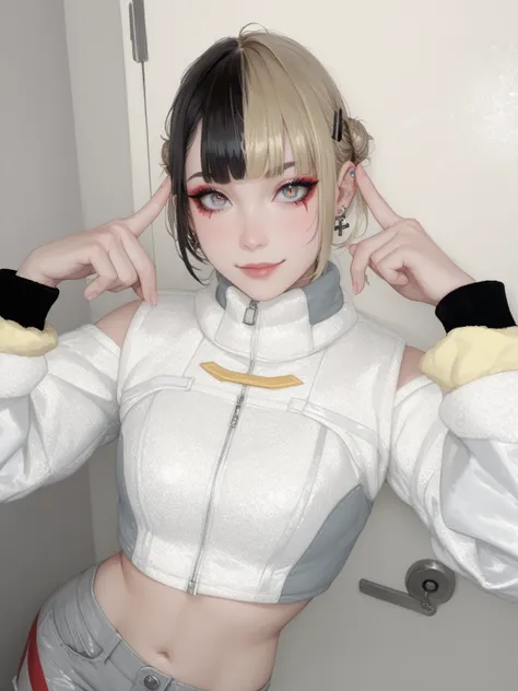 Short bob with two-tone hair (bangs in a bun, black on one side, blonde on the other).
She has large eyes and pinkish eye makeup.
She has a cool, slightly mysterious smile.
Her hair is decorated with black hairpins and ornaments.
Her outfit is a futuristic...