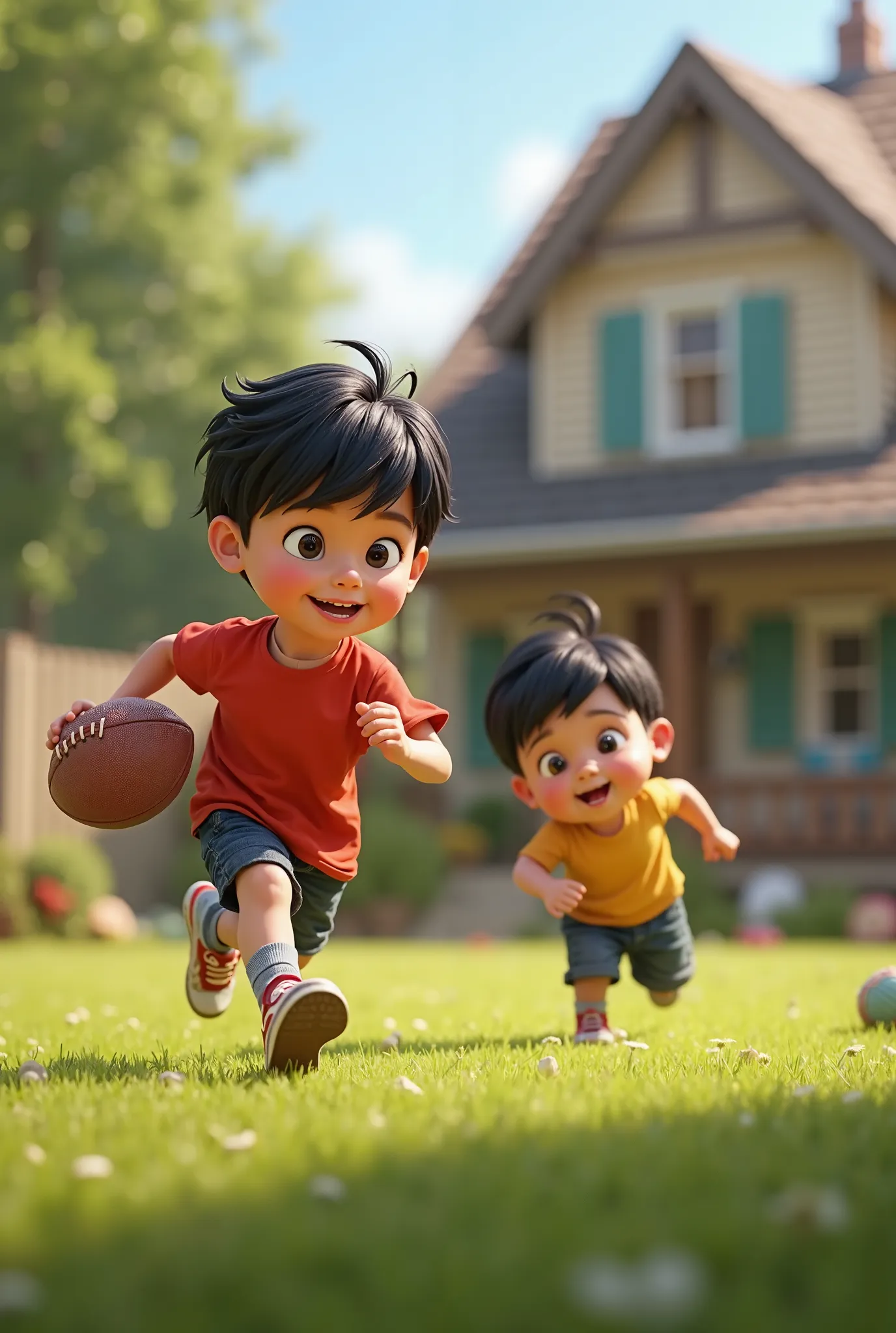 Pixar-like cartoon of two brothers, one  and the other one-year-old, both white skin and straight black hair. playing football. 