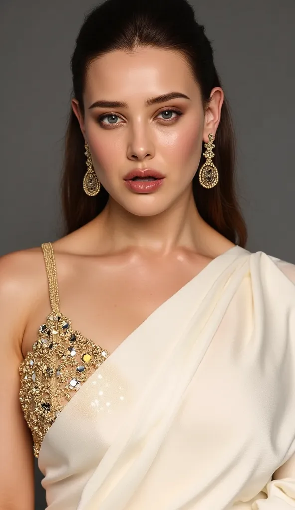 Generate a ultra realistic close up image of a woman in a white saree. She is wearing a golden shimmering blouse with mirror sequins. It has no sleeves, has a golden satin finish with spaghetti straps. Face and body facing straight at the camera. She is gi...