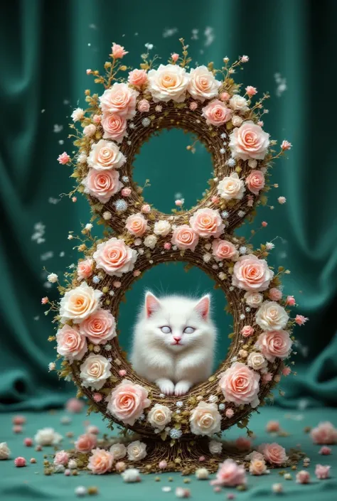 Whimsical lace of dark-gold chains, forming the number 8. the wire is partially encrusted with small diamonds and rubies. live tea roses are woven into the wire. The composition is held upright by a charming white kitten. The background is a velvet fabric ...