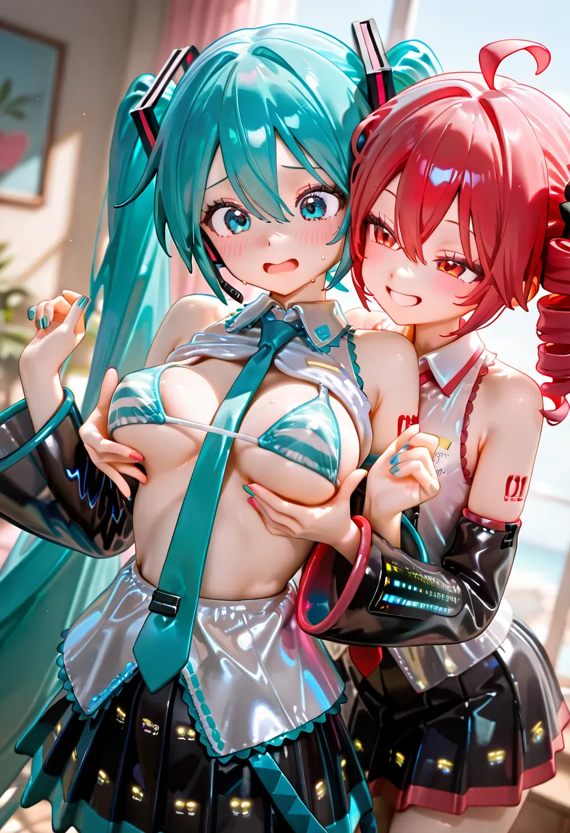  Hatsune Miku,2 girls,  twin tails, long hair, tie, detachable sleeves, 開いた shirt。skirt。room。light blue striped bikini。Estrus。Two people lined up。Strong sexual desire。Sexual Desire Treatment。hold。boob bounce。（/2 girls。 heavy sound teto、Red Twin Drill。red s...