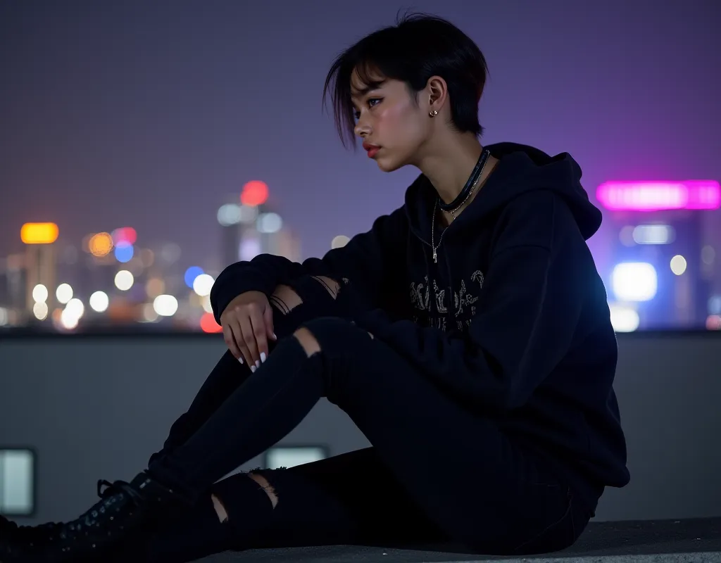 Full-body image of Ágatha, a 20-year-old Brazilian woman with short, straight black hair styled simply and clean. She is wearing a black, oversized hoodie with a subtle graphic design, paired with black skinny jeans with small rips on the knees. Her footwe...