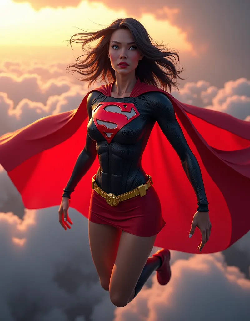 Superheroine in a dark blue carbon suit with a carbon fiber texture effect, detailed twill weave with thin shiny lines, glossy highlights on the curves, with a bright S on the chest, a long red cloak flutters in the wind, short bright red skirt as a must-h...