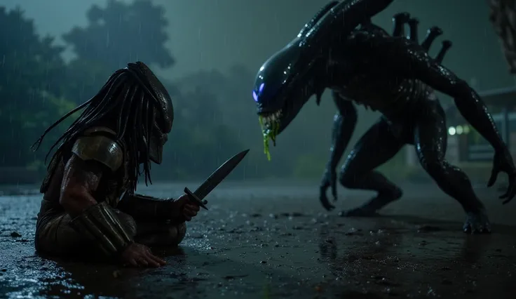 The Hunt Flips (0:55 - 1:06)

Prompt: A Predator, wounded and breathing heavily, kneels in the rain. A towering Xenomorph stands over him, drooling acid. Just as the alien strikes, the Predator activates a hidden blade from his gauntlet and slices through ...