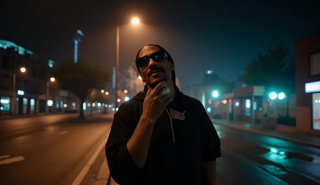 Snoop Dogg's Midnight Flow.
Prompt: A cinematic nighttime scene of Snoop Dogg standing alone under a flickering streetlamp, exhaling a cloud of smoke as he adjusts his sunglasses. The glow of the streetlight casts long shadows on the wet pavement, reflecti...