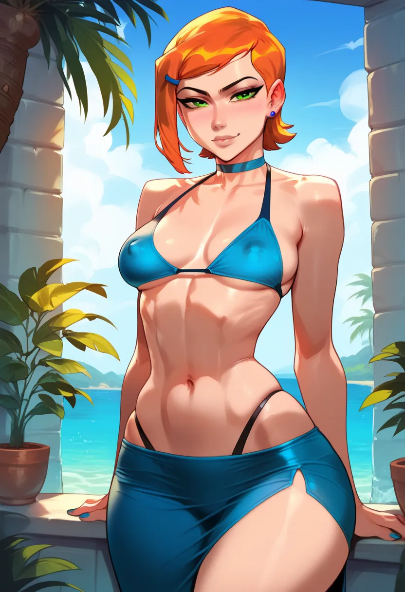 Hyper realistic, 4k, best quality, OverallDetail, Highly detailed, gwen tennyson from ben 10, Sexy girl, slut bikini, small breasts, big ass, erect nipples under dress, orange hair, sexy lips, perfect face, perfect lips, perfect nose, perfect eyes, navel, ...