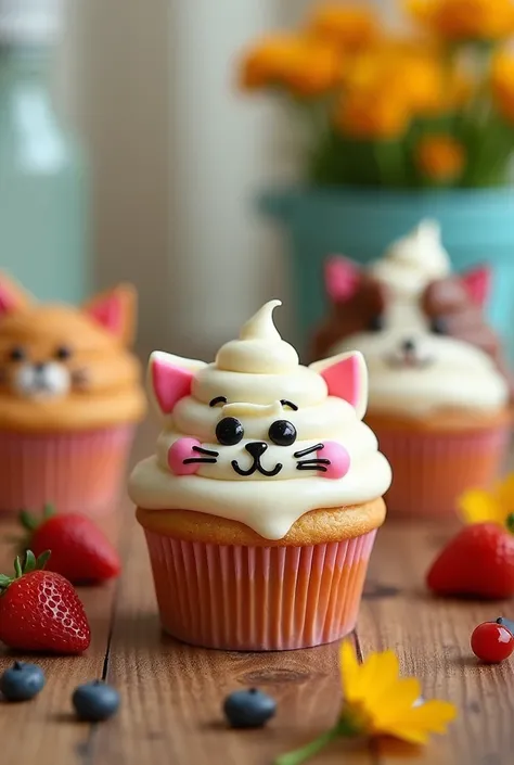 Playful cat and dog cupcakes decorated with colorful icing, shaped like cute animals, placed on a wooden table surrounded by edible flowers and pet-safe ingredients. The setting is bright and joyful, with an emphasis on texture and vibrant colors, in a hig...