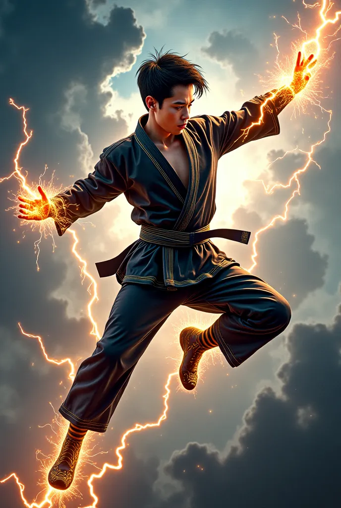 A hyper-dynamic Taekwondo superhero poster, featuring a young man (resembling Daniel LaRusso) mid-air executing a flying side kick, electrified energy crackling around his limbs. His black dobok is fused with glowing gold circuitry patterns, hair swept bac...